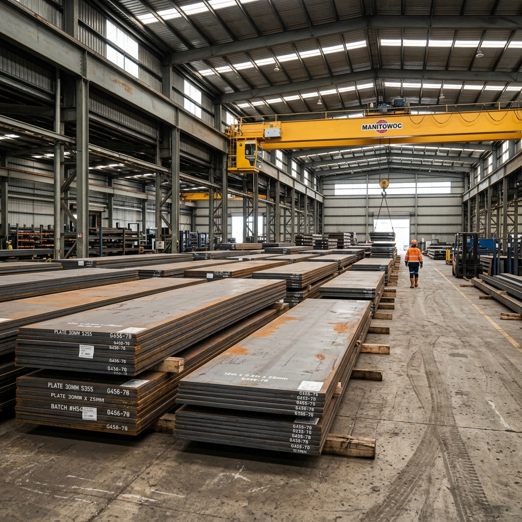 Hot Rolled HR Steel Plates stacked in industrial steel stockyard warehouse - Hrplates.com